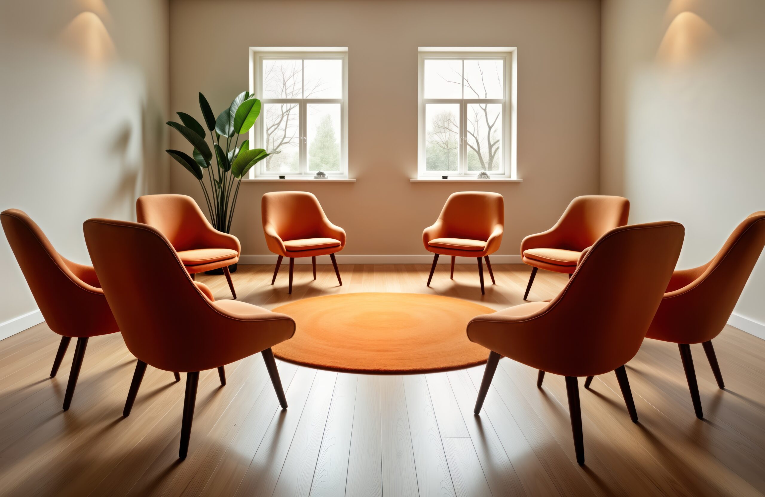 Empty therapy room features orange armchairs arranged in circle on round orange carpet. Natural light streams through windows. Plant sits in center of room. Suitable for group therapy sessions,